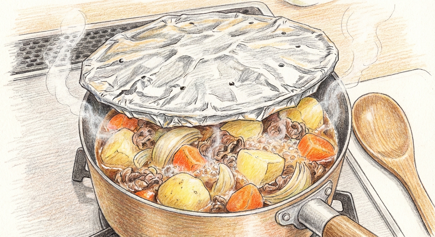 煮汁を入れて煮込む