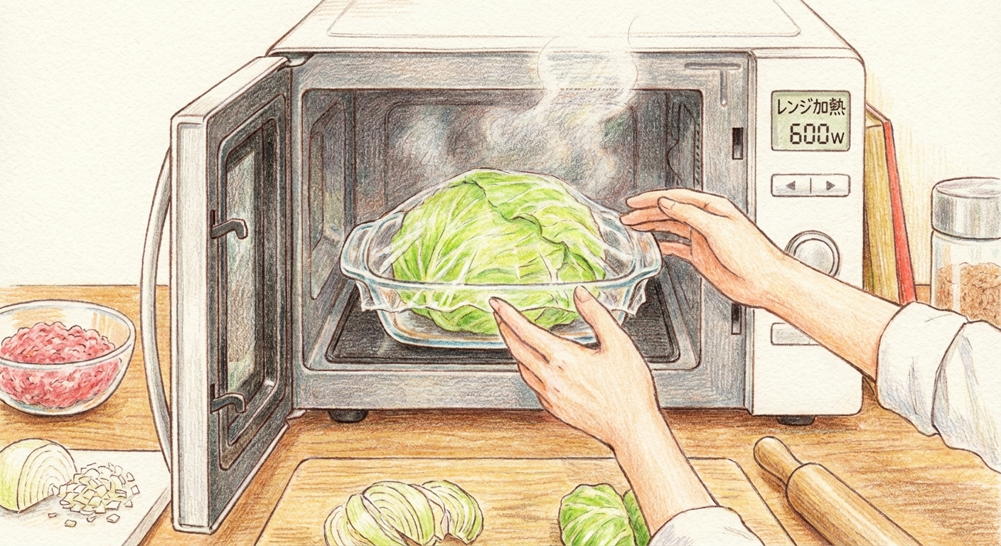 キャベツをレンジで加熱する