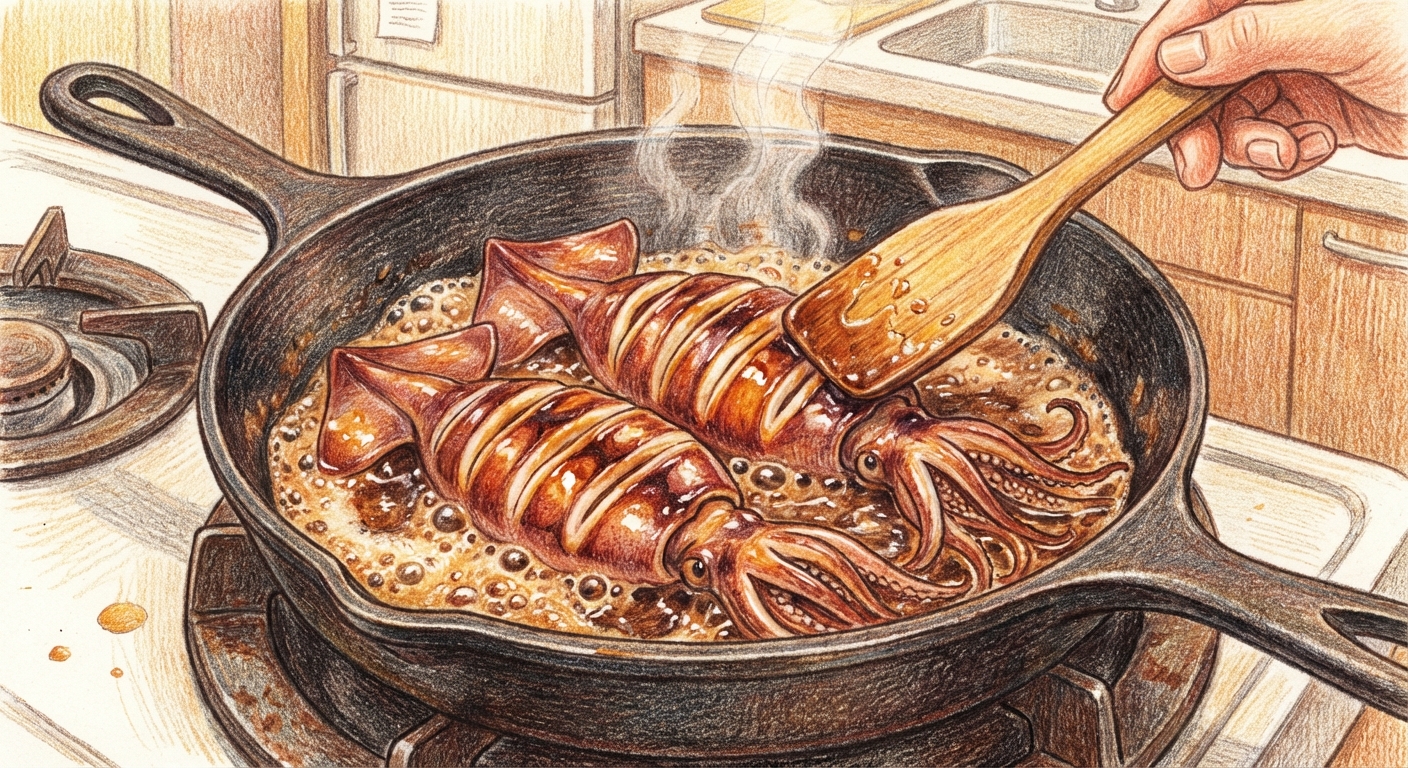 タレを煮絡める