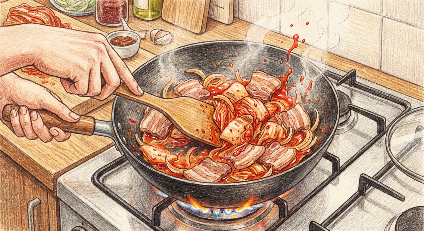 キムチを炒め合わせる