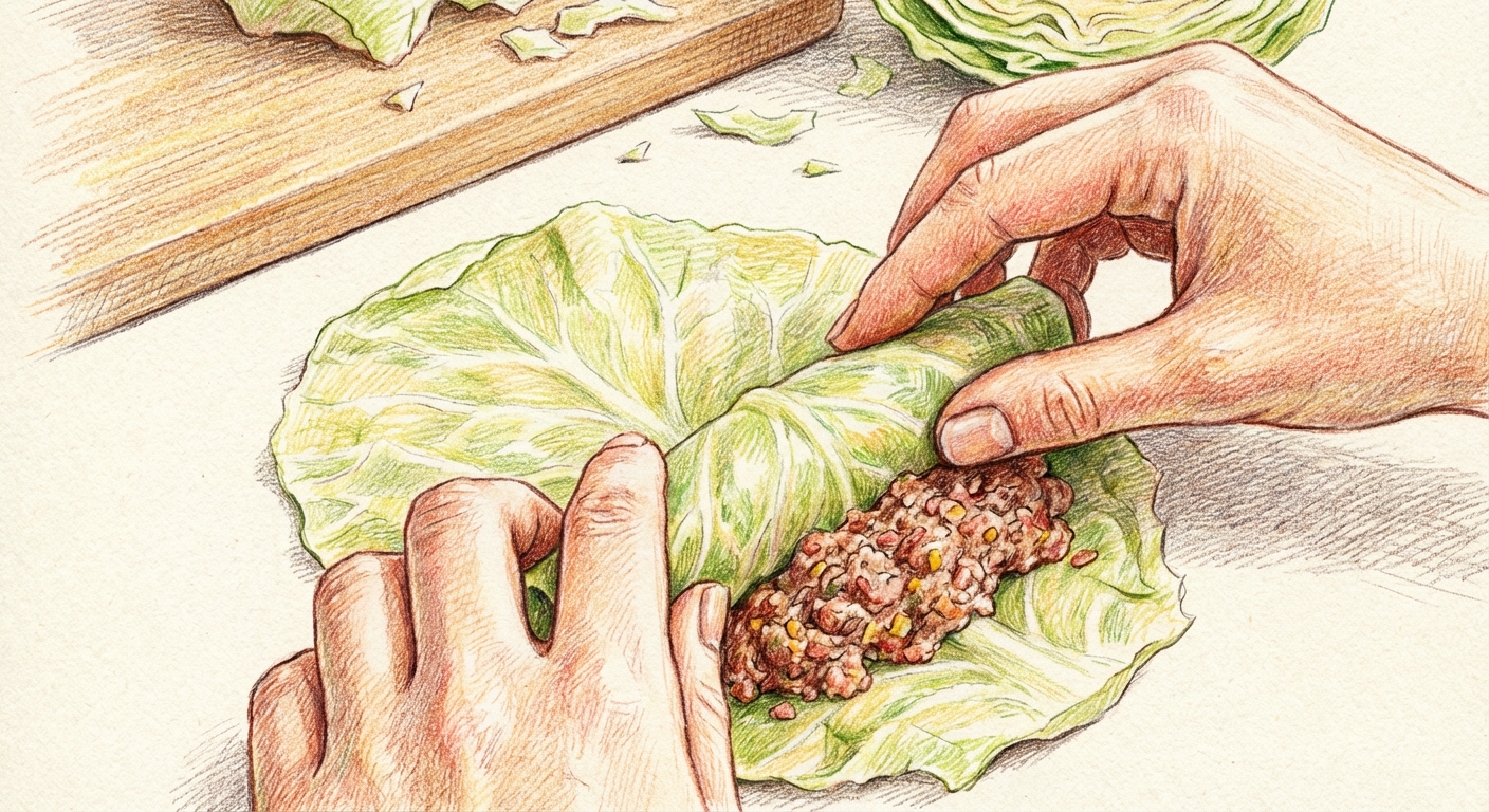 キャベツで肉を包む