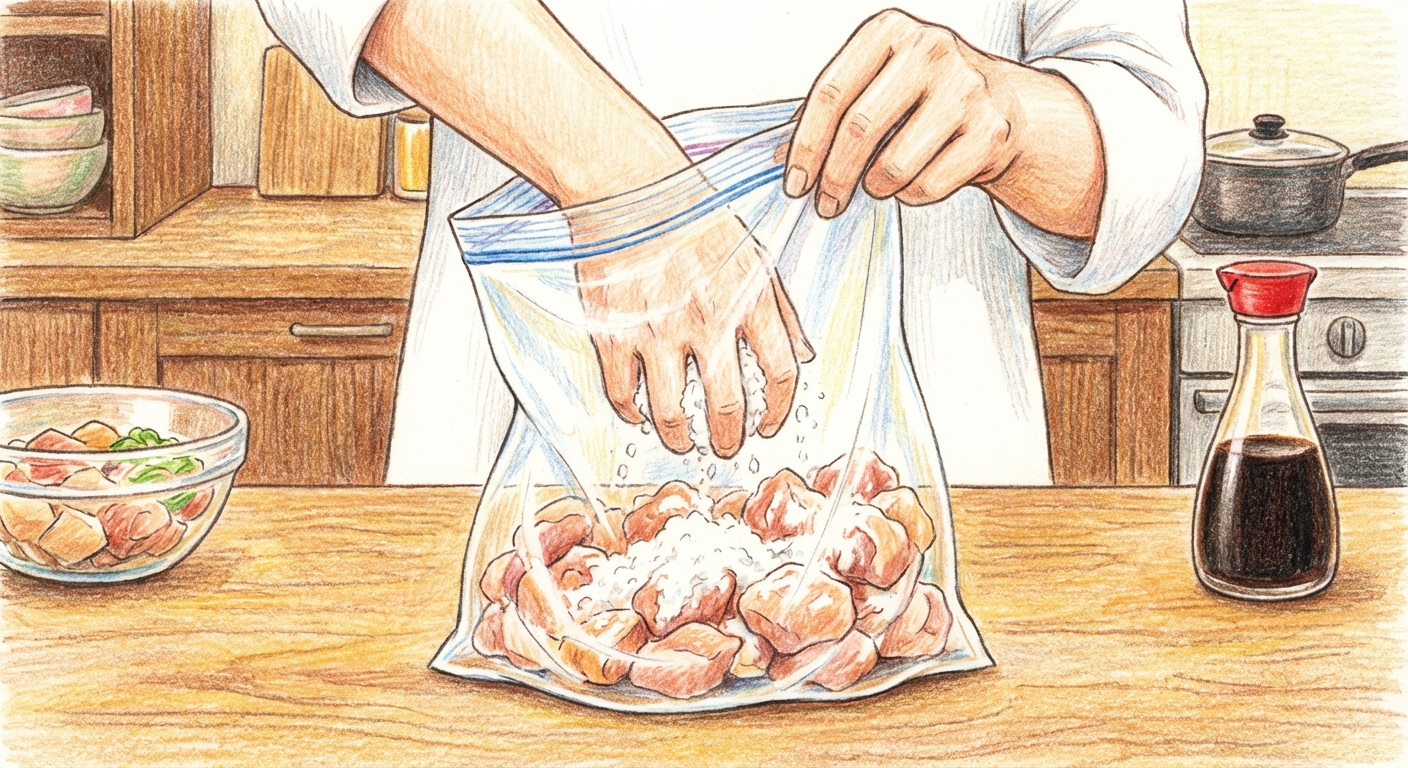 鶏肉を切って粉をまぶす