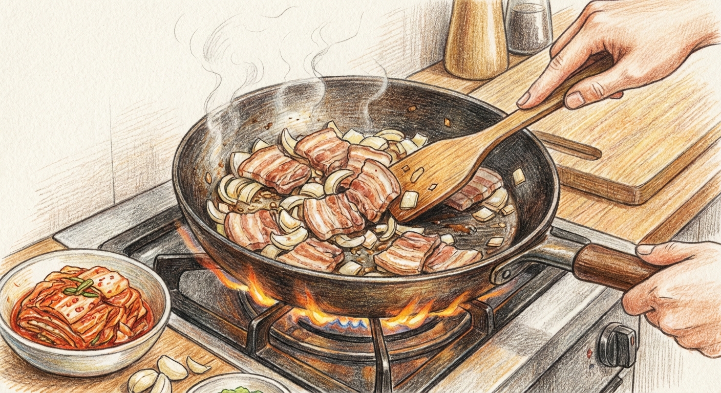 肉と玉ねぎを炒める