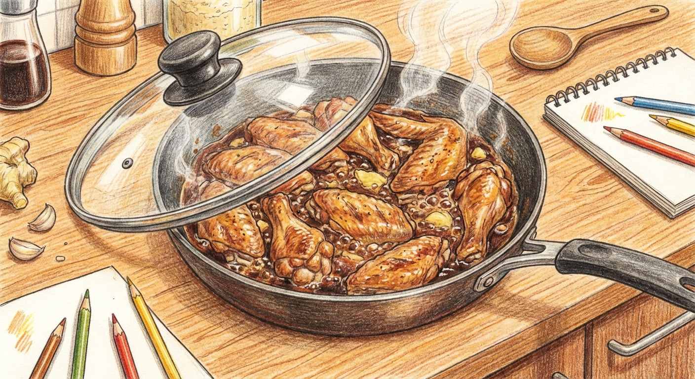 タレを加えて蒸し煮にする