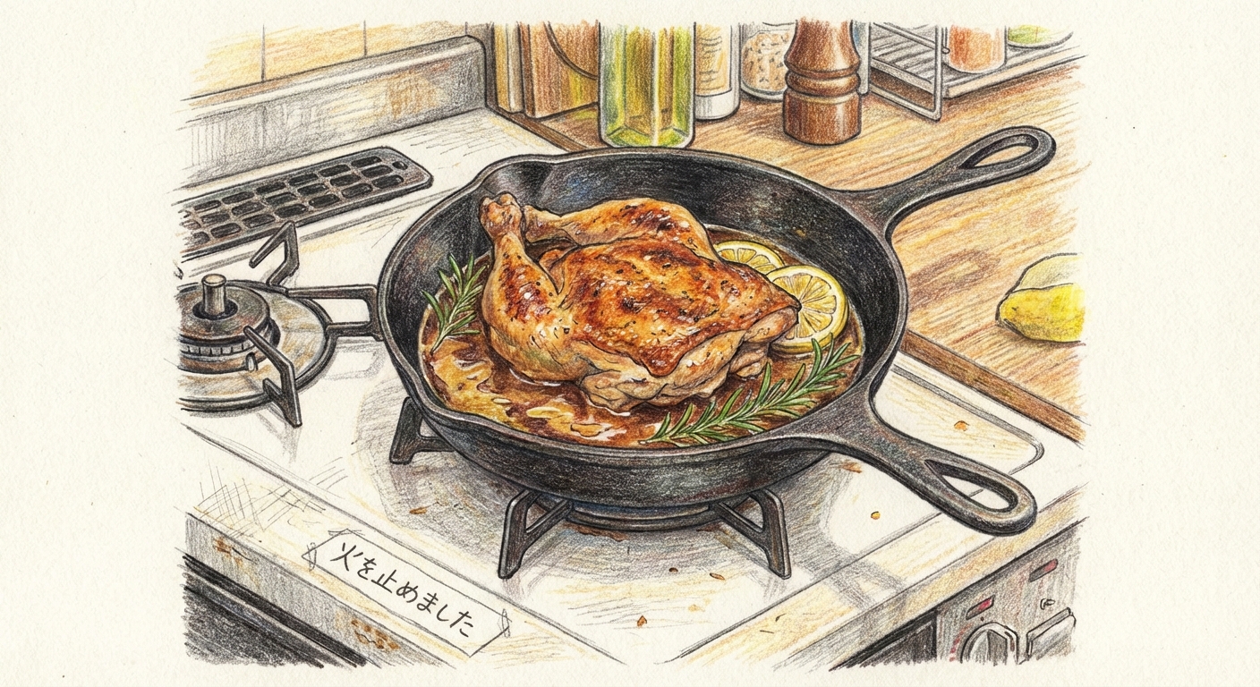 余熱で肉汁を落ち着かせる