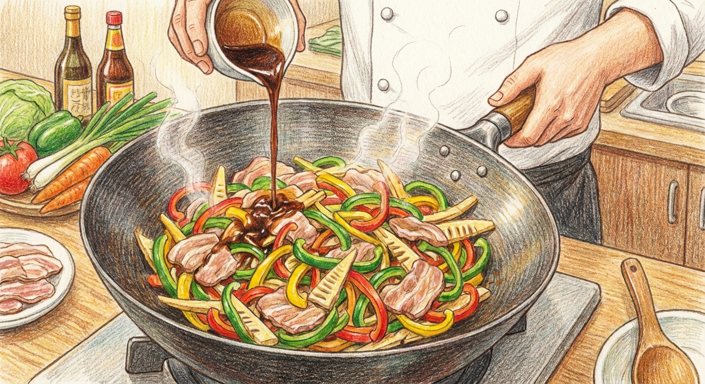 肉を炒めて仕上げる