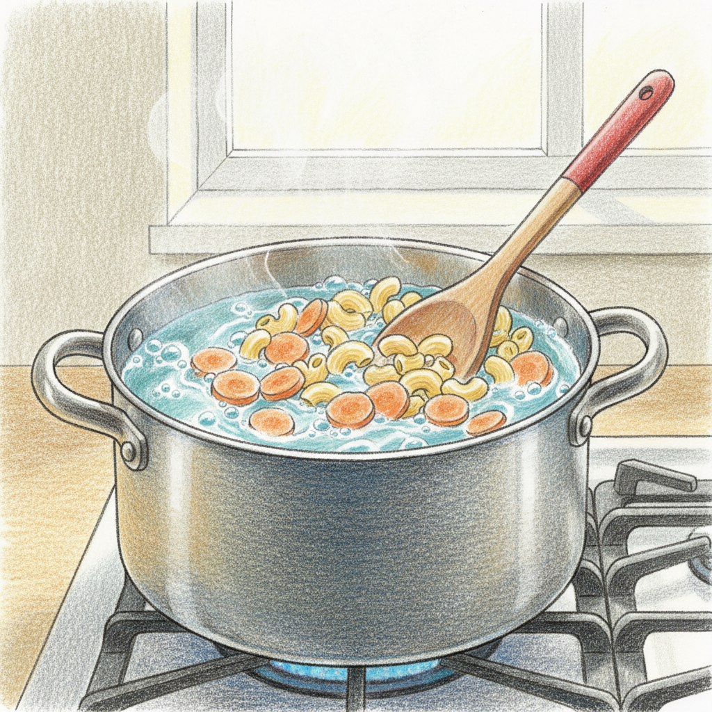 マカロニとにんじんを茹でる