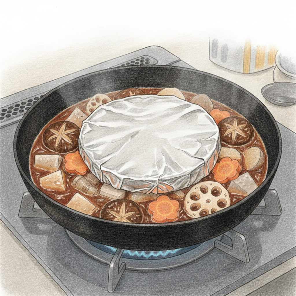 煮汁を加えて煮る