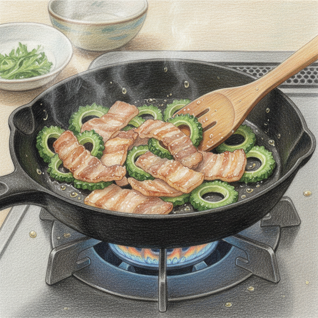 肉とゴーヤを炒める