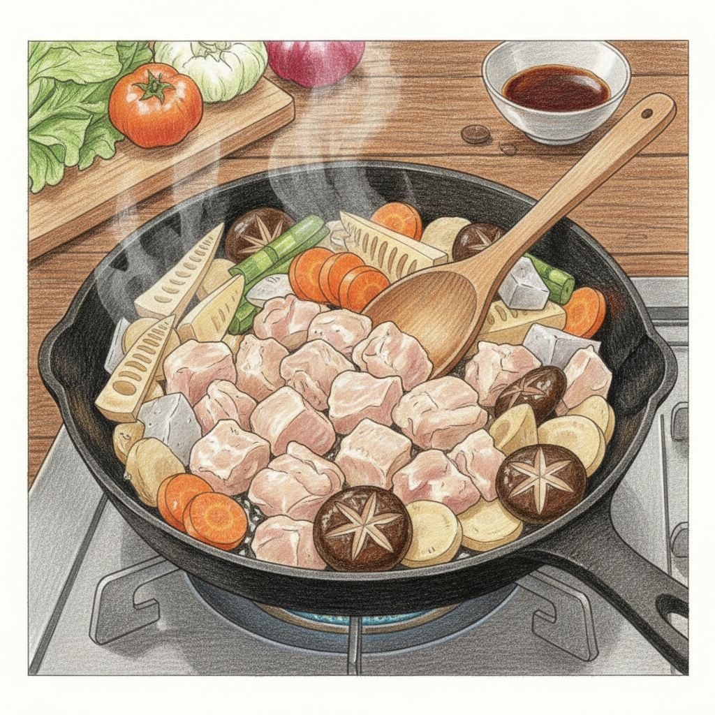 野菜を炒め合わせる