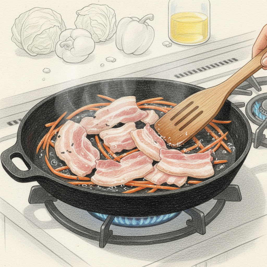 肉とにんじんを炒める