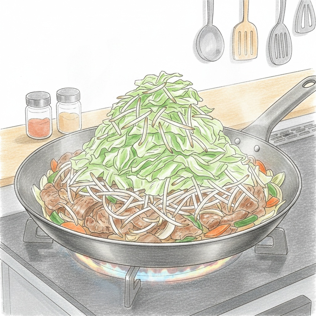 野菜をのせて蒸し焼きにする